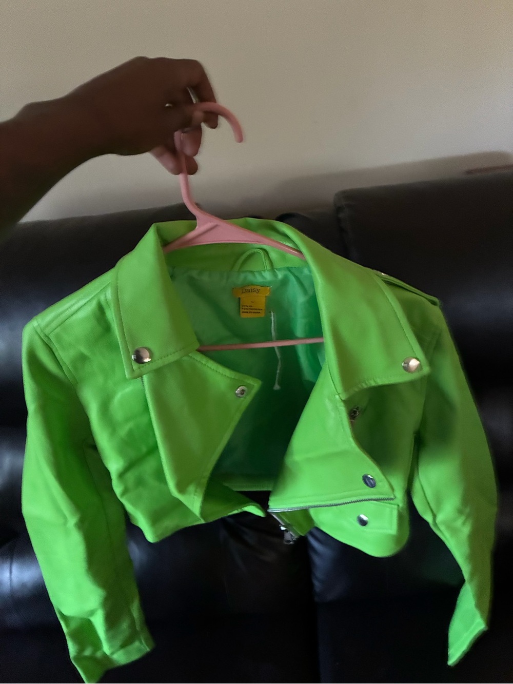 Daisy Neon Green Cropped Leather Moto Jacket